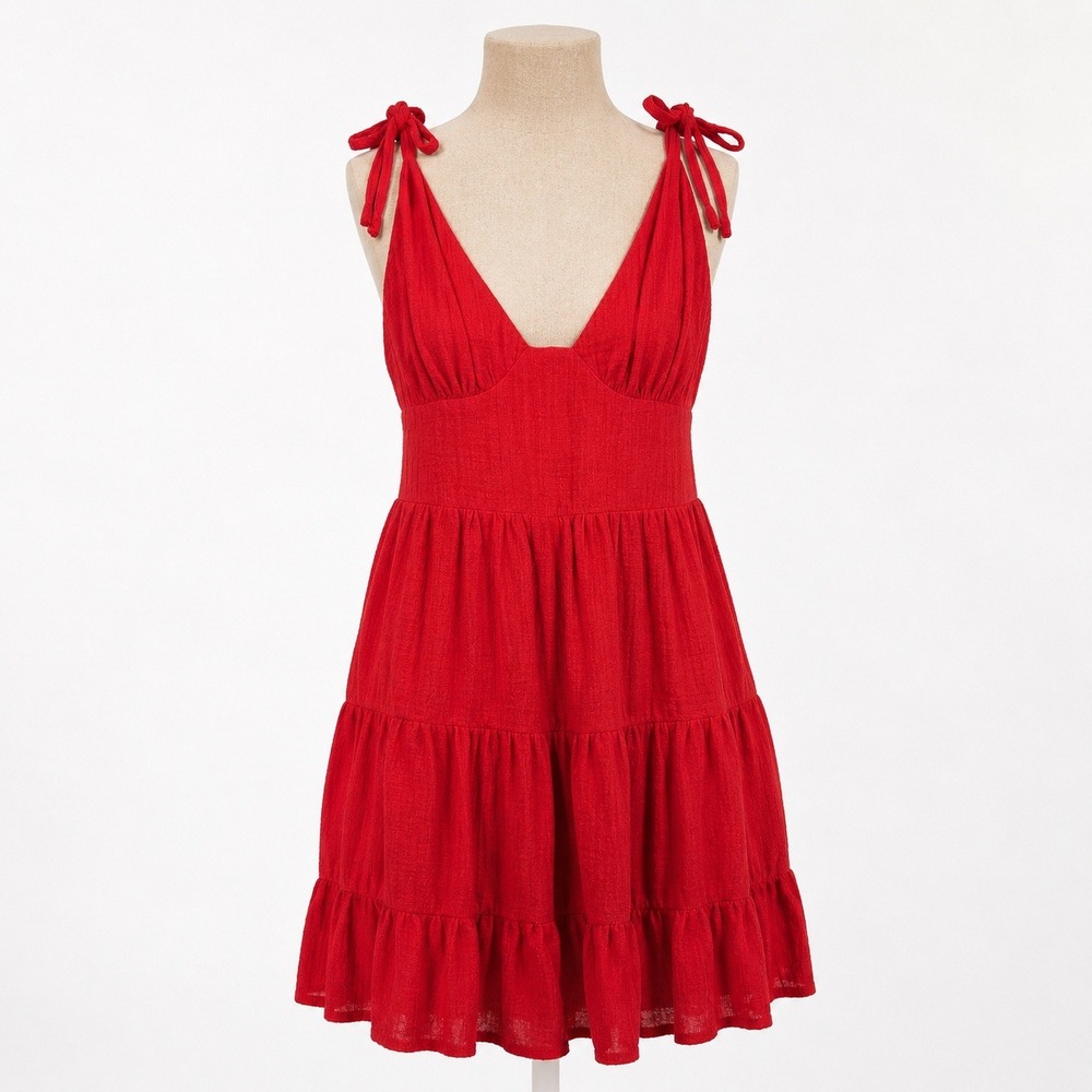 Tiered‎ Strappy Babydoll Sun Dress Sz 10 Red Euro Preppy Romantic Festival Fairy